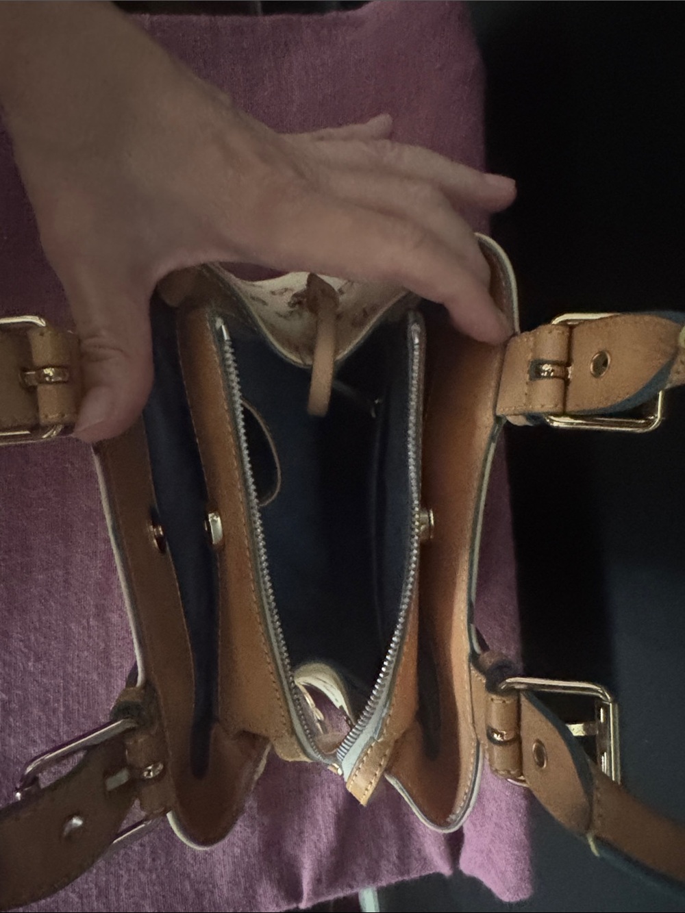 Dooney & Bourke Cream Satchel with Multicolor DB Logos and Tan Trim - Picture 3 of 4